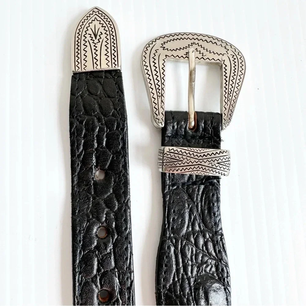 Vintage Crocodile, Woven Leather Belt Black Silver Decorative Buckle